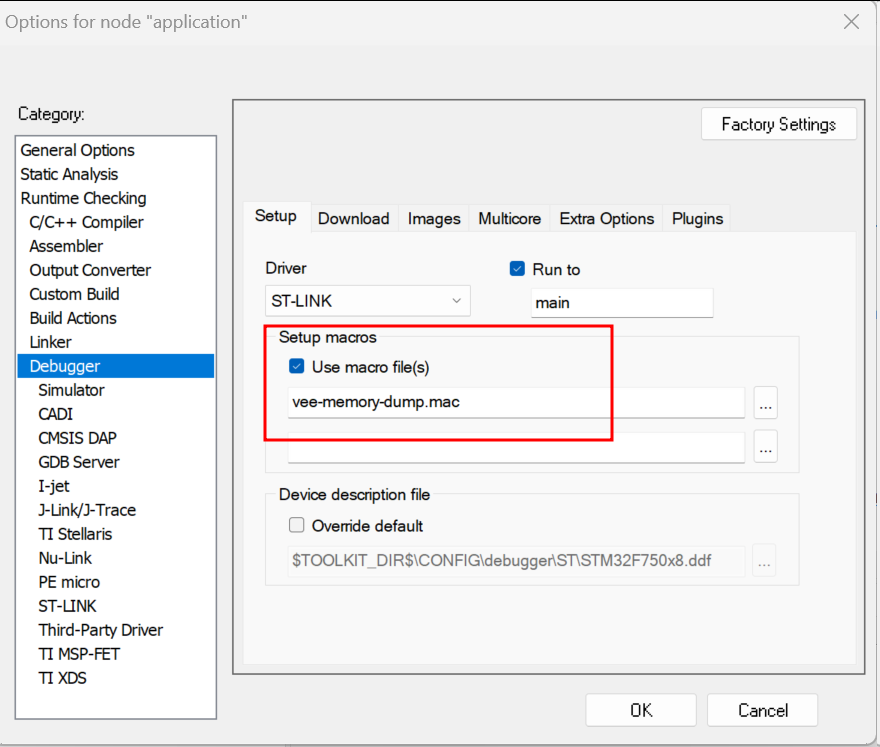 IAR Embedded Workbench Debugger Project Option