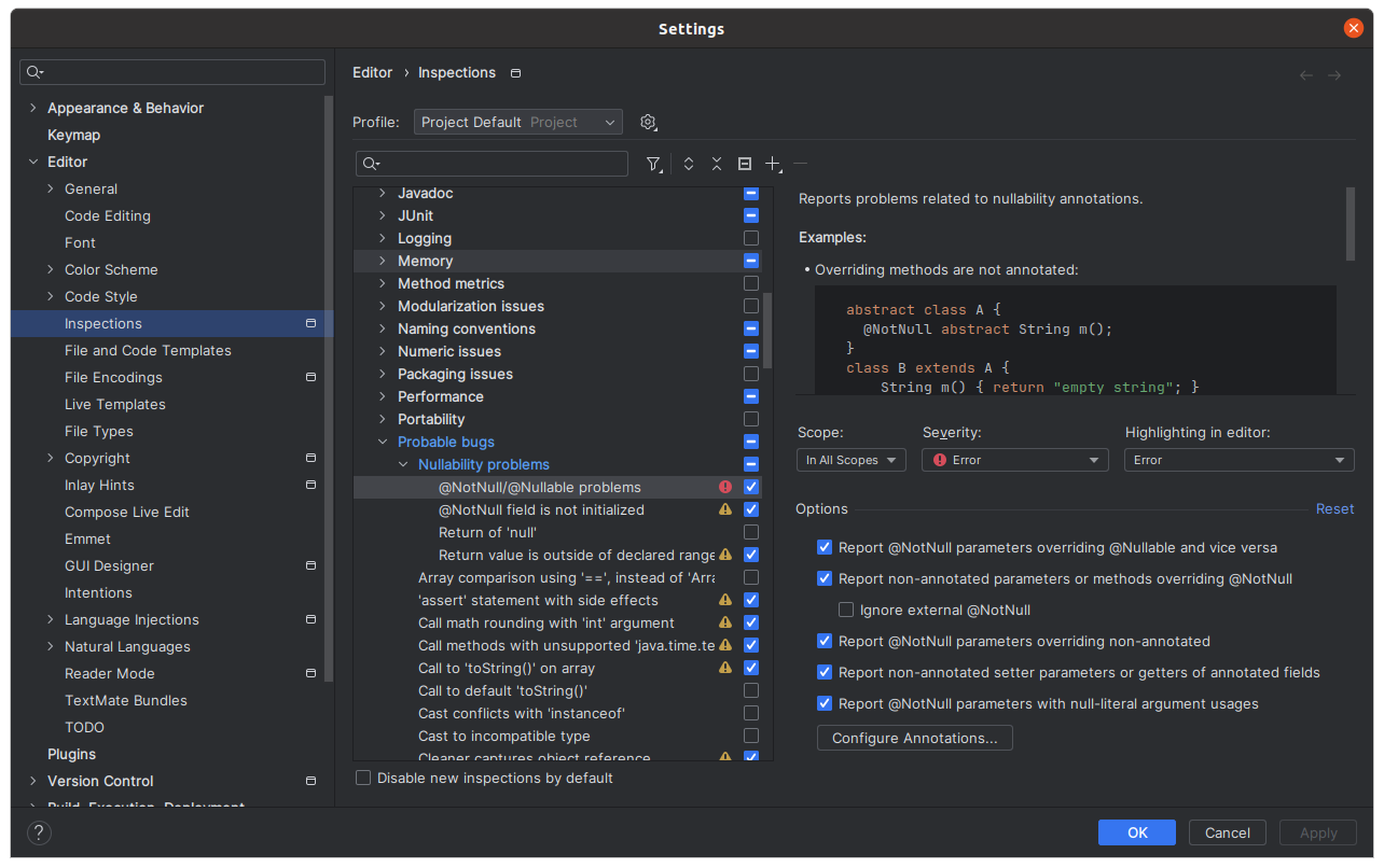Nullable Annotation Configuration in IntelliJ IDEA and Android