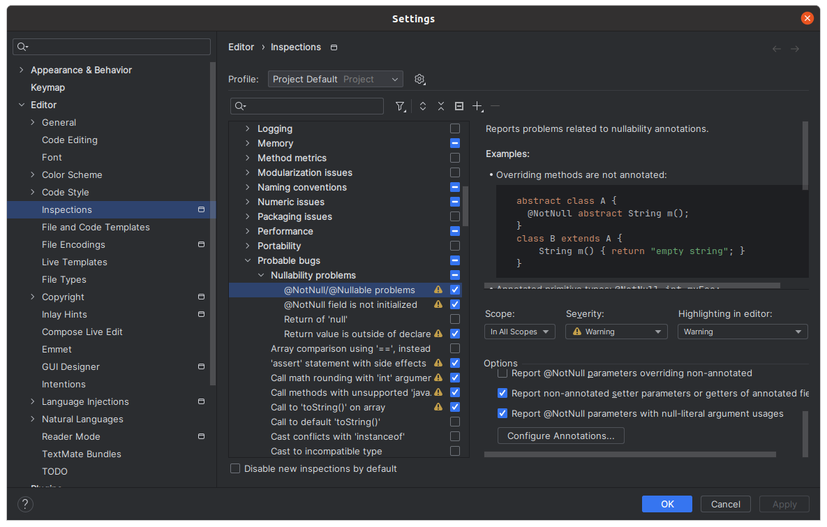 Null Analysis Checks Configuration in IntelliJ IDEA and Android