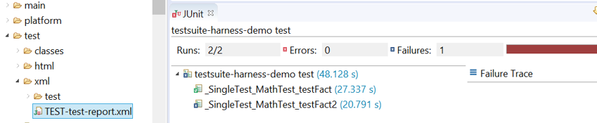 Example of MicroEJ Testsuite XML Report in JUnit View