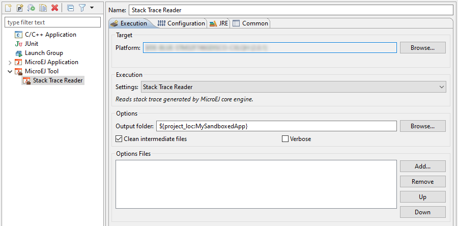 Stack Trace Reader Tool Configuration (Virtual Device Selection)