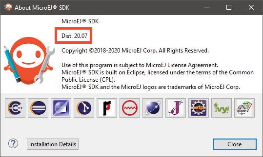 MicroEJ SDK Distribution About Window