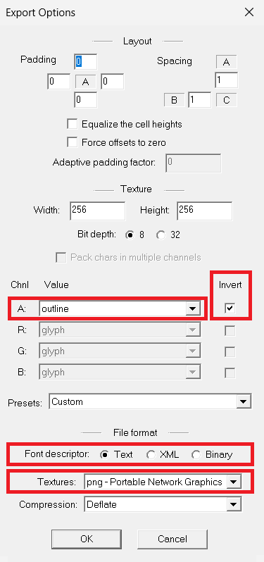 BMFont Export Options