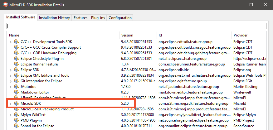 MicroEJ SDK Distribution Installation Details Window