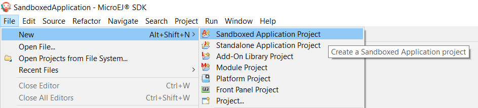 Sandboxed Application Project Creation Menu