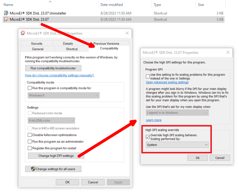 Windows Application "High DPI scaling override" setting